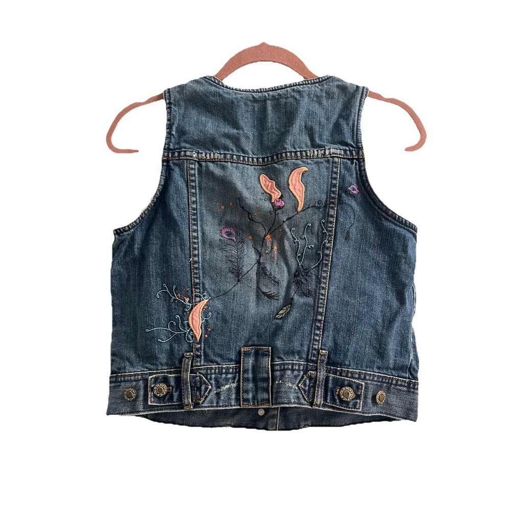 Y2K Embroidered Denim Vest Distressed Fairycore Whimsical Vintage Retro Sz M
